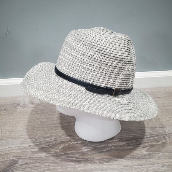 August Hat Co Wide Brim Woven Sun Hat Paper Straw Light Gray Black Accent Strap - Picture 1 of 11